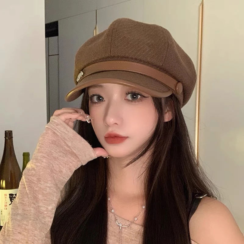 （3174）八角帽女秋冬新款复古毛呢百搭显脸小头围59以内可调节