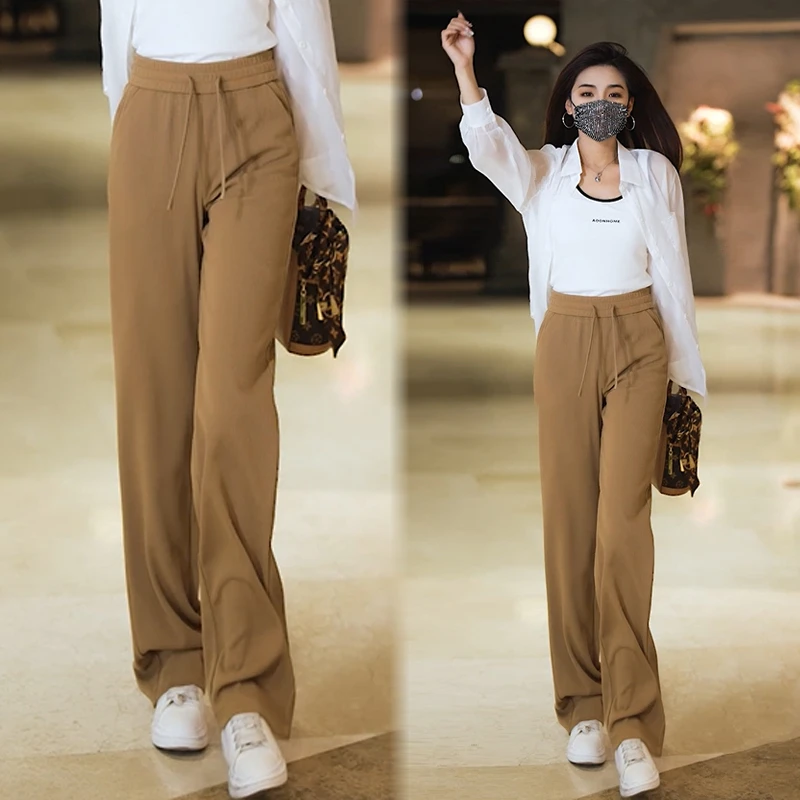 窄版阔腿裤薄款春夏季新款2023女裤垂坠感细条纹直筒裤高腰长裤子