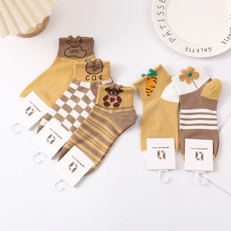 【买5送5到手10双】春夏新款黄色卡通提花小熊女袜船袜低帮短袜-5