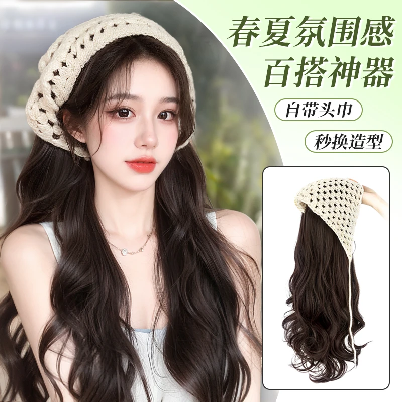 新款ins田园风三角巾假发女仿真发全头套式一体夏发箍时尚卷发