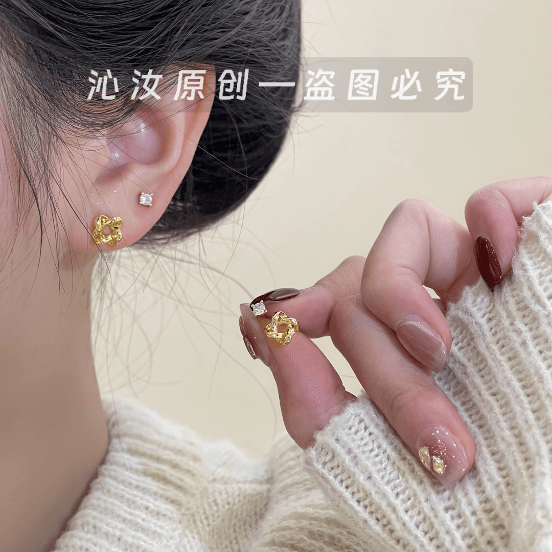 925银针耳饰 D807金色风车耳钉四件套轻奢百搭高级