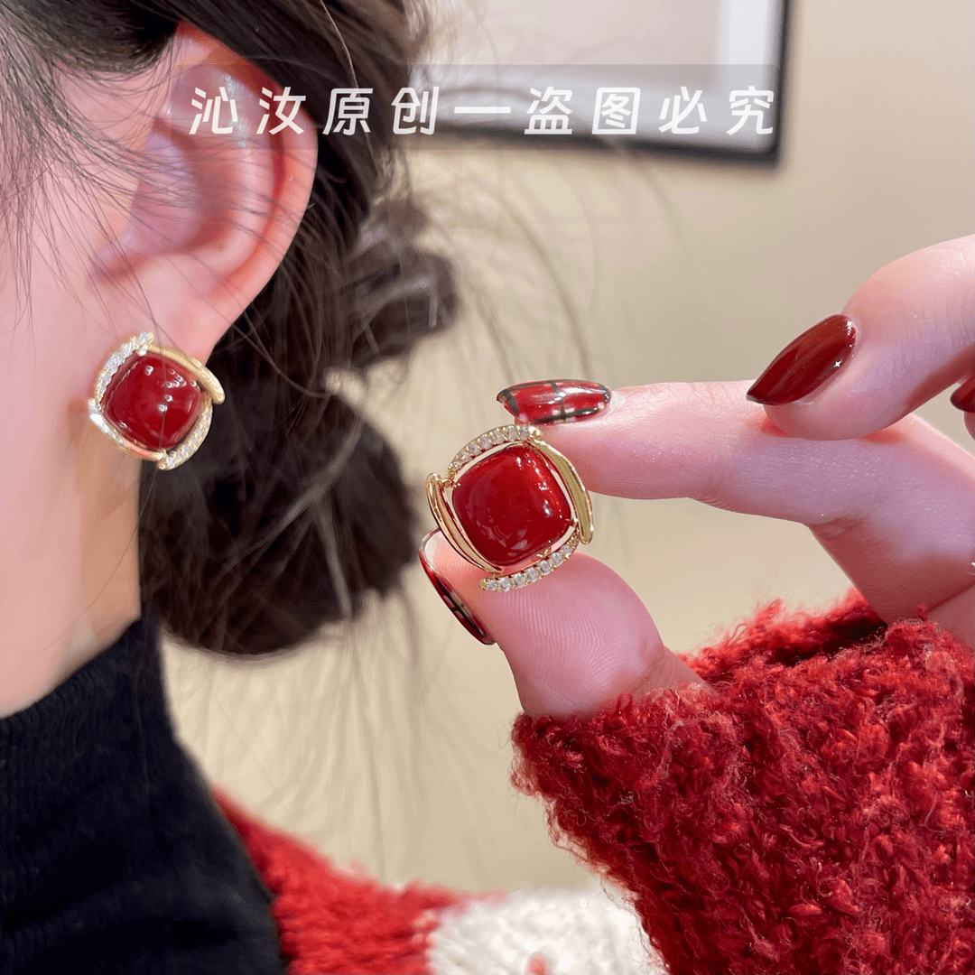 925银针耳饰 D798红色珠珠耳钉小众轻奢百搭高级气质
