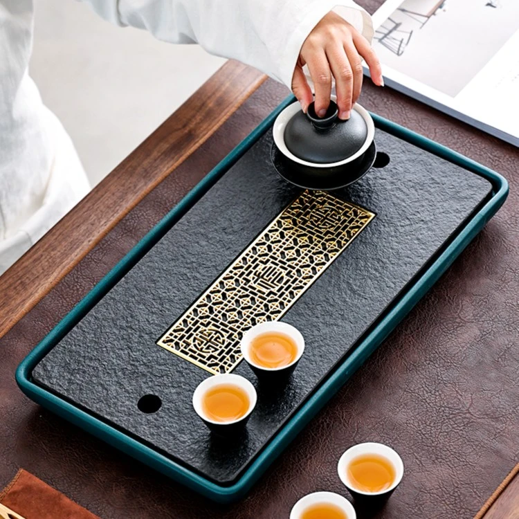 圆形茶盘陶瓷乌金石茶台现代简约家用小型储水干泡台排水石头托盘
