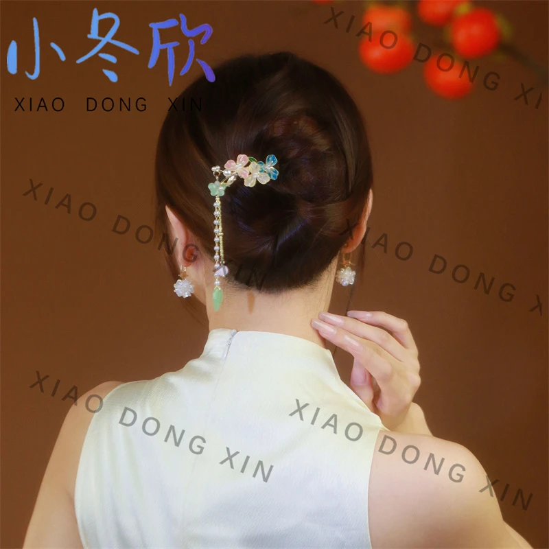 三花流苏国风一字型发簪新中式古风高级感气质发饰
