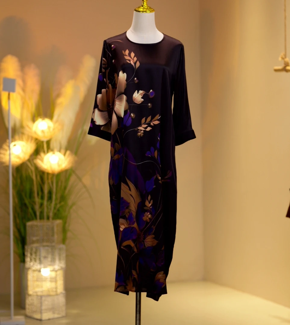 桑蚕丝高定时尚气质减龄优雅夏季高贵轻奢修身连衣裙宽松洋气