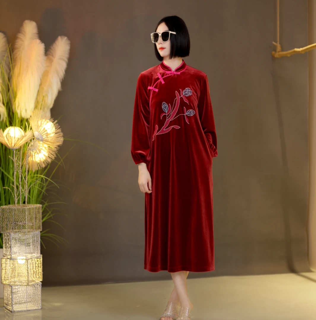 丝绒高定时尚中国风气质秋冬冬季中式连衣裙2311008