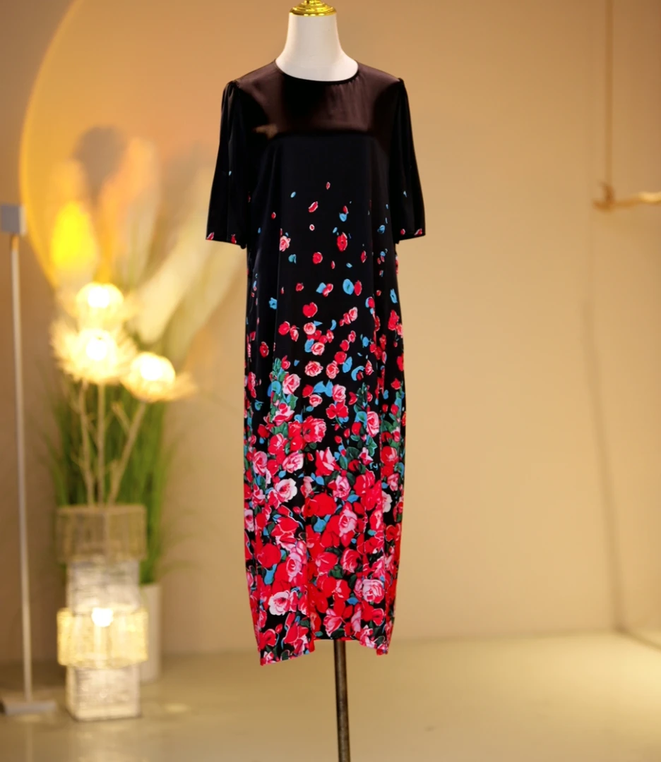 【富贵吉祥】桑蚕丝高定气质减龄优雅连衣裙碎花长裙裙子2405010