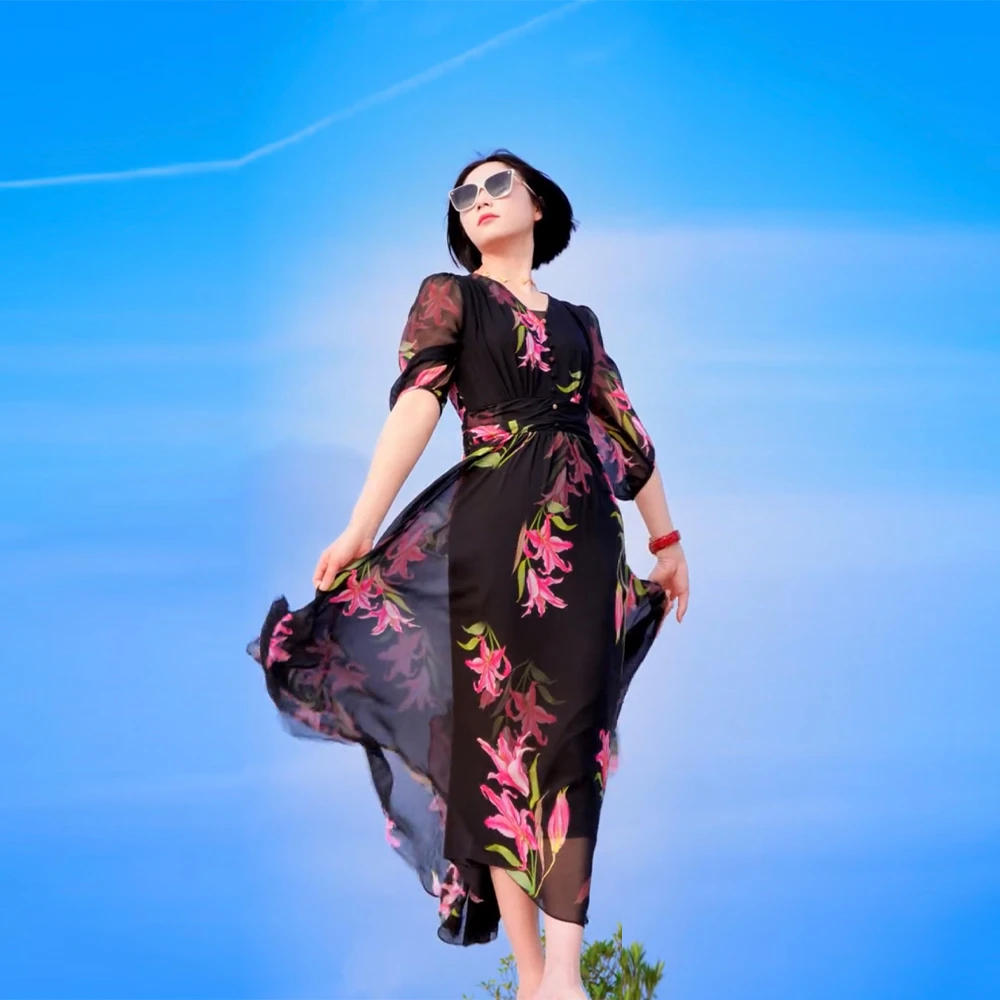 【百合相约】双绉桑蚕丝高定显瘦气质修身减龄夏季连衣裙2403010