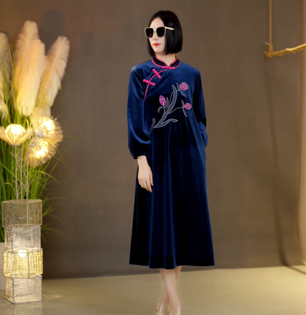 丝绒高定时尚气质连衣裙 2311008 宝蓝