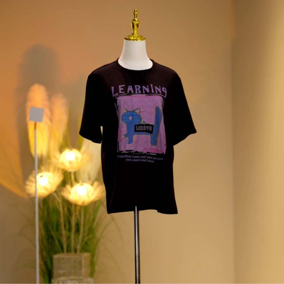 夏季休闲宽松圆领时尚气质减龄百搭纯棉黑色短袖2410138半袖夏款