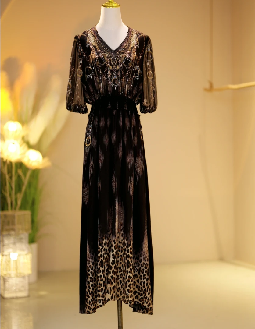 双绉桑蚕丝高定时尚气质减龄连衣裙2403024