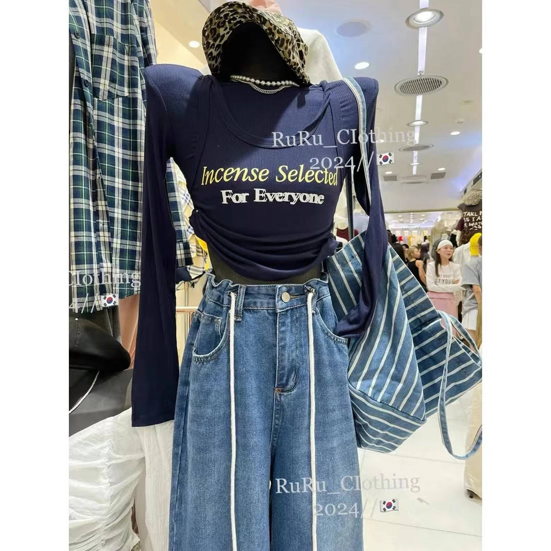 桉桔花花2024 秋 韩版设计高腰松紧垂感直筒休闲裤