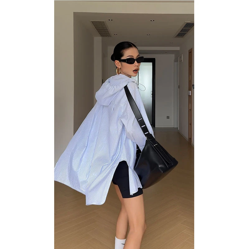 【银丝清爽扩版衬衫】时尚连帽防晒女夏季2024宽松休闲衬衣外套夏