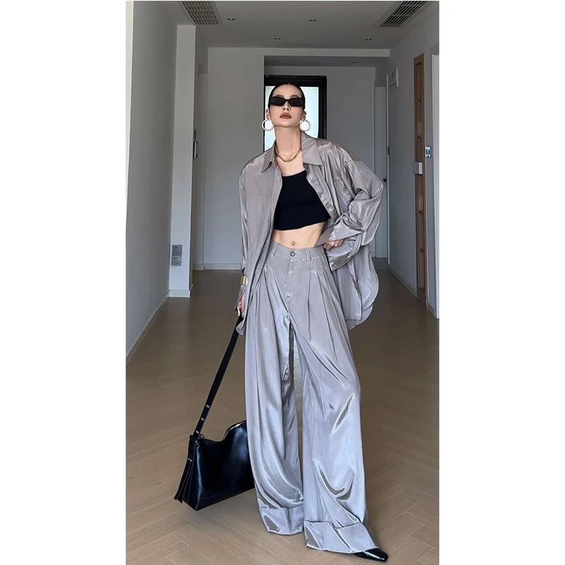 【慵懒下午茶单件和套装】高级慵懒舒适宽松版女士衬衣+翻脚长裤