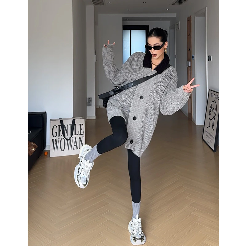 【拼接态度】高级宽松慵懒感灰色撞色长袖针织衫上衣