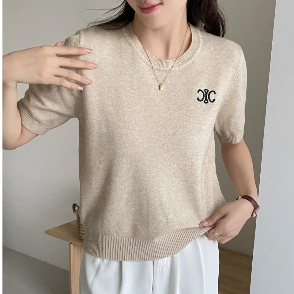 韩系显瘦流行新款刺绣设计感短袖针织衫宽松套头爆款女上衣2068