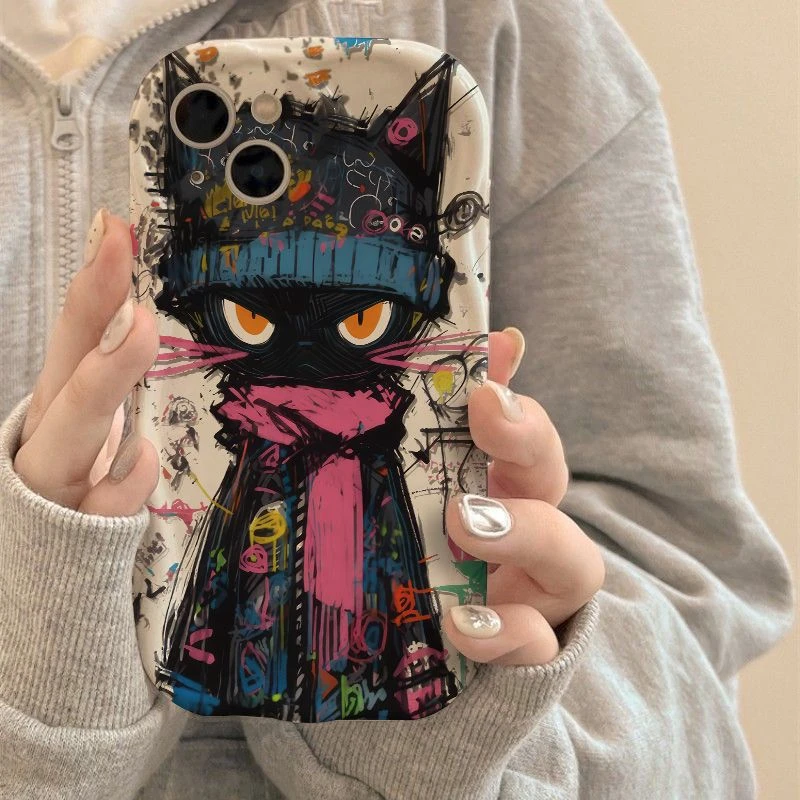 卡通黑猫适用苹果15pro华为mate60小米vivo/oppo全包15防摔软壳14
