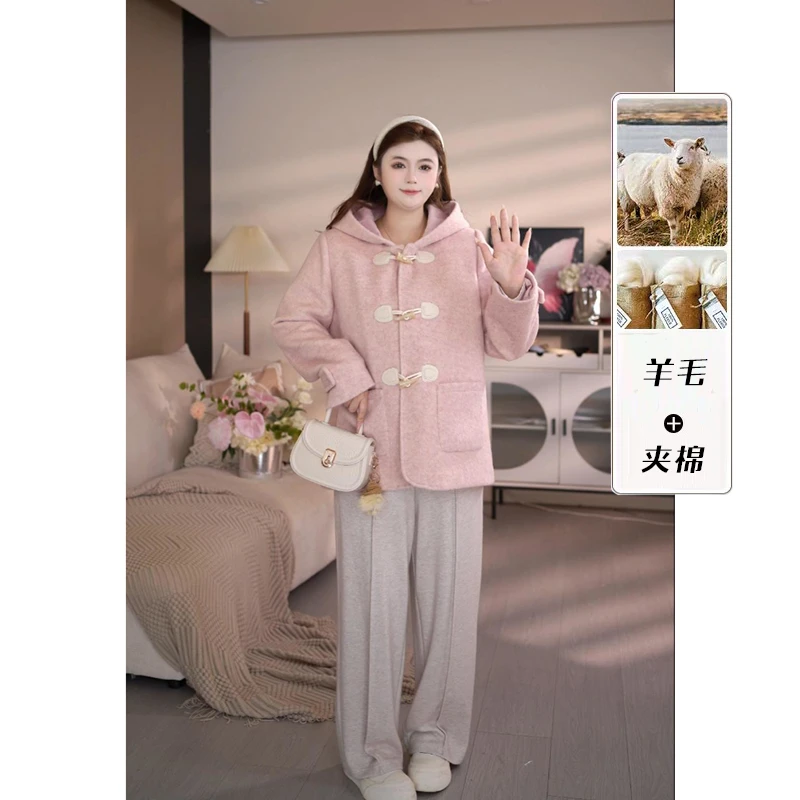 含羊毛 笑笑马西西微胖大码【草莓奶昔】撞色牛角扣单面尼大衣