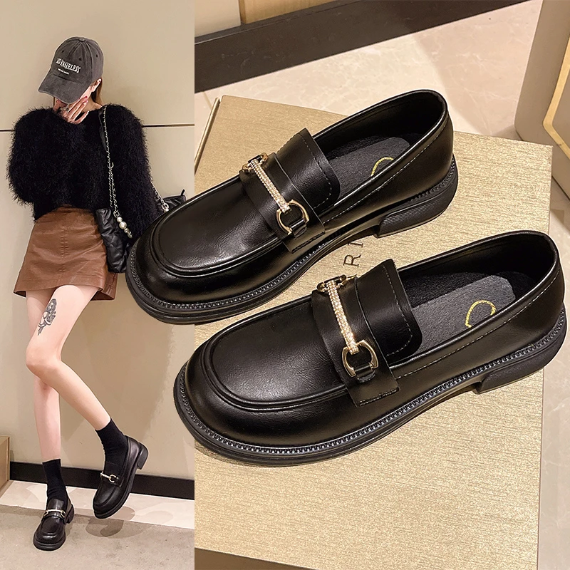 圆头乐福鞋百搭时尚真皮单鞋春秋黑色软底英伦风小皮鞋复古单鞋