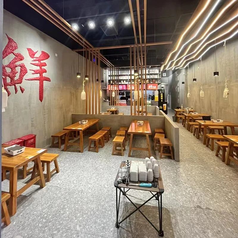 富翁木坊擂饭面馆木屋烧烤店一桌四板凳组合饭店餐饮夜宵实木桌椅