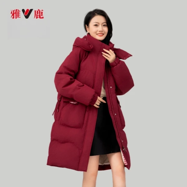 V/雅鹿中长款收腰羽绒服千鸟格设计时尚保暖柔软女士冬季羽绒服
