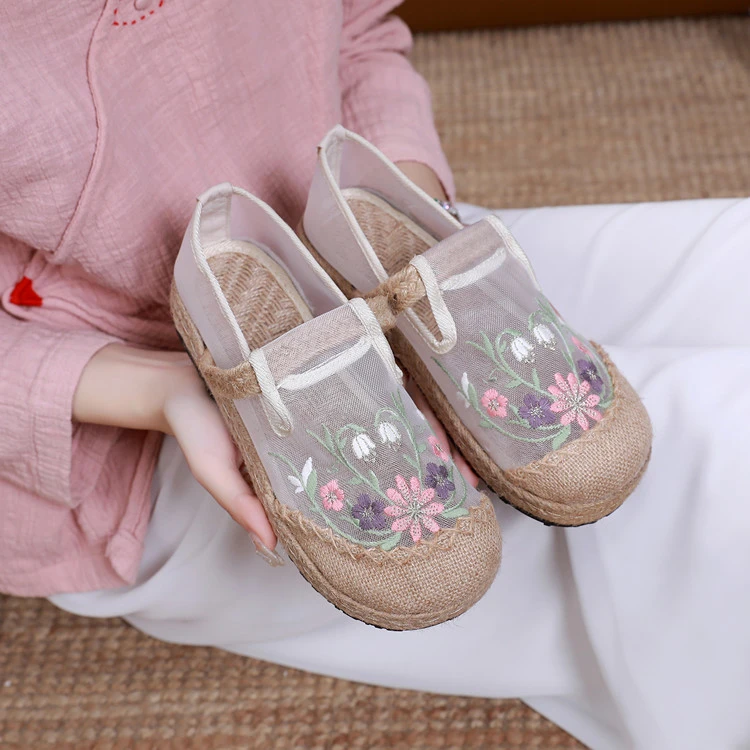 夏季老北京布鞋女民族风网纱绣花鞋凉鞋汉服鞋子女古风渔夫鞋透气