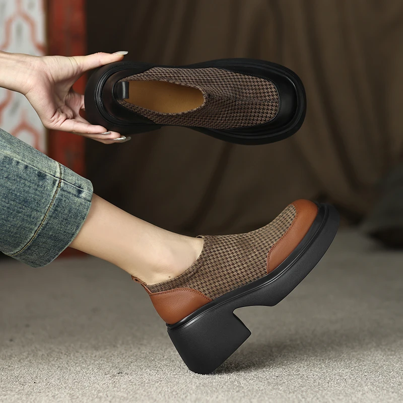 跟高8cm/粗跟厚底圆头休闲乐福鞋女弹力拼色超轻高跟真皮百搭单鞋