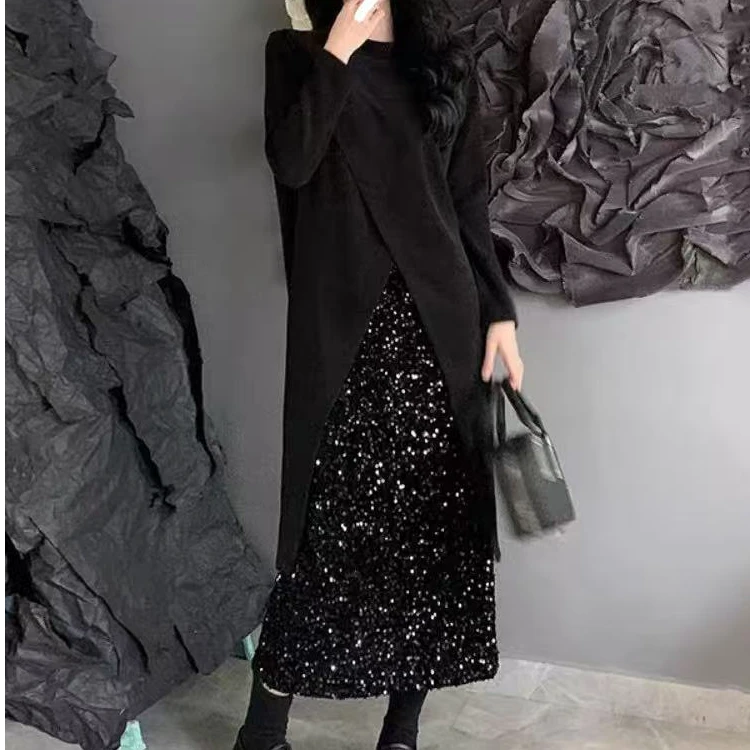 春季韩系中长款设计感开叉上衣叠穿高腰亮片半身裙两件套