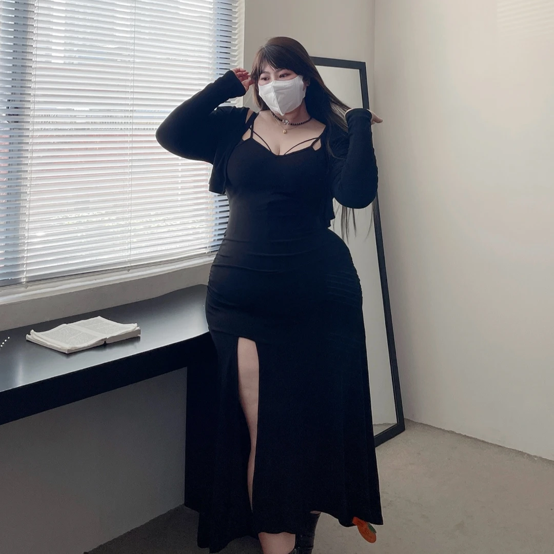 男友视角2.0显瘦御姐性感法式遮肚子可调节长度包臀开叉吊带裙