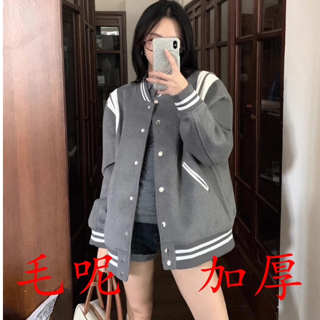 灰色美式复古学院风设计感拼接棒球服女早秋宽松保暖开衫外套上衣