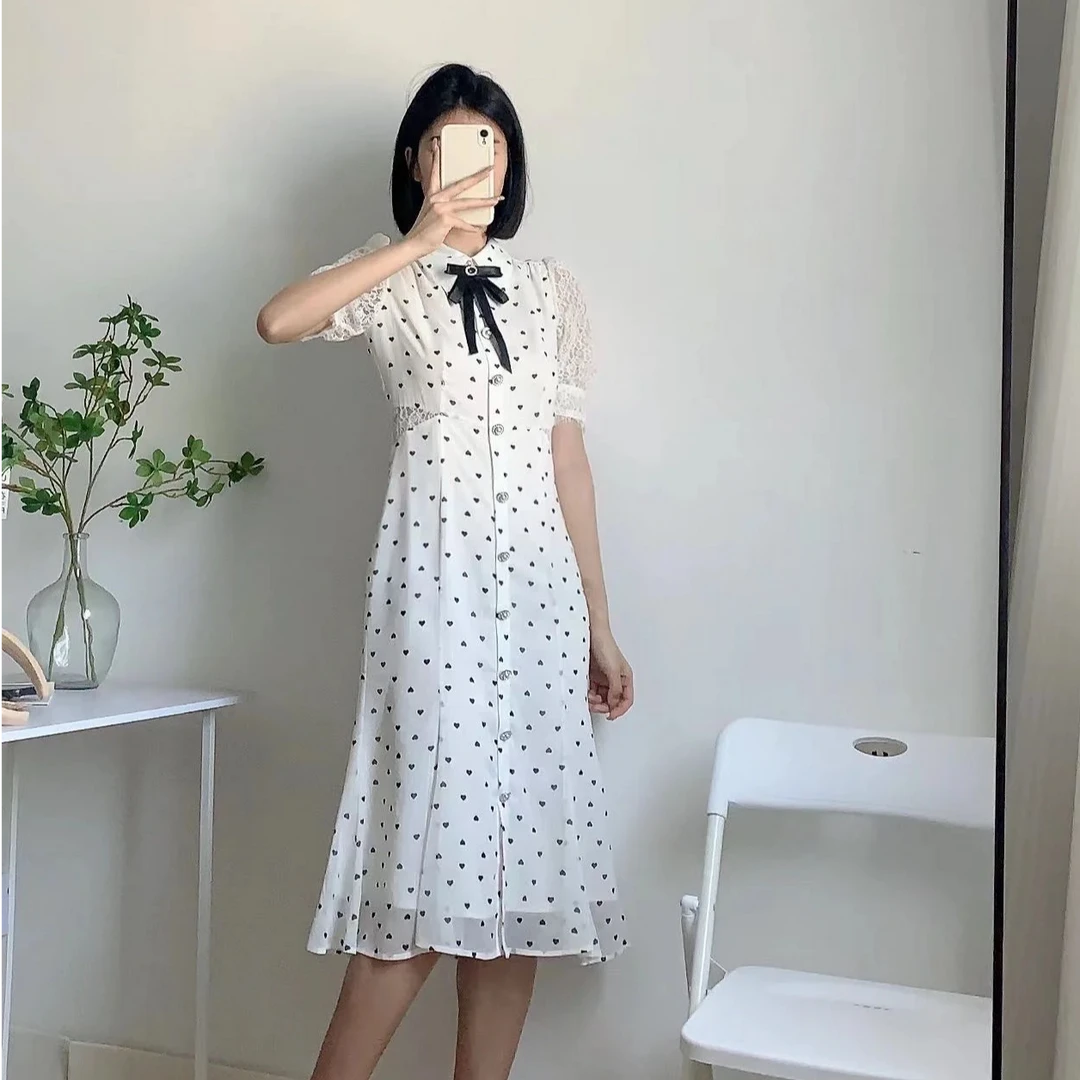 MK—气质时尚夏季复古法式收腰泡泡袖温柔白色中长款甜美波点碎花