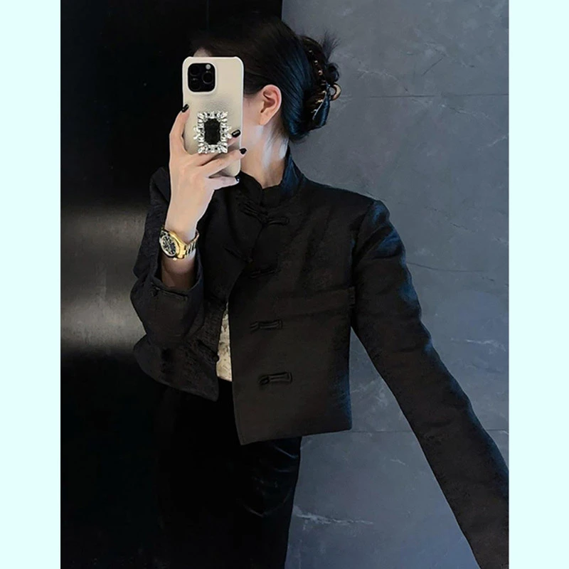 新中式女装2024秋季新款气质名媛高端高级感短款春秋盘扣黑色外套