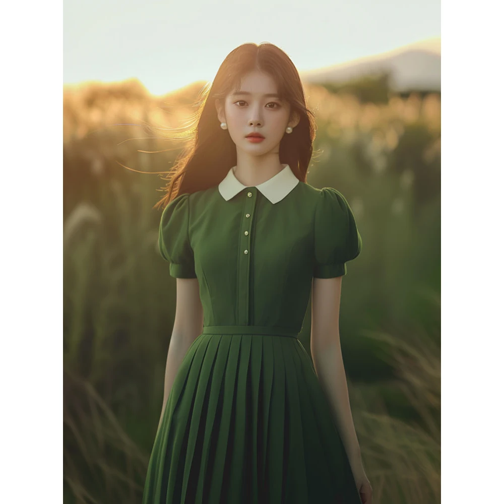 绿色衬衫连衣裙女夏茶歇法式初恋温柔风别致绝美裙子仙女超仙森系