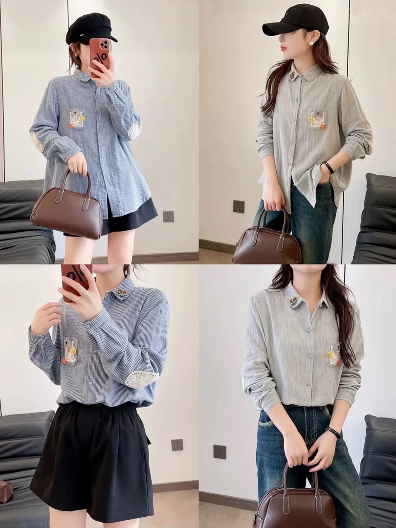 2024秋季新款条纹拼接衬衫双层纱翻领时尚长袖女士休闲宽松衬衣