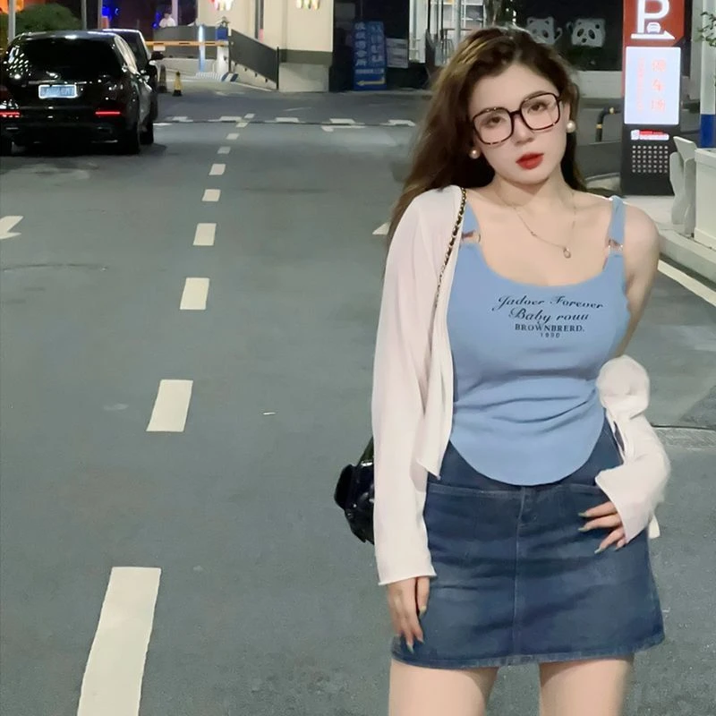 【现货】大码辣妹吊带背心女内搭夏季微胖mm显瘦短款上衣两件套装