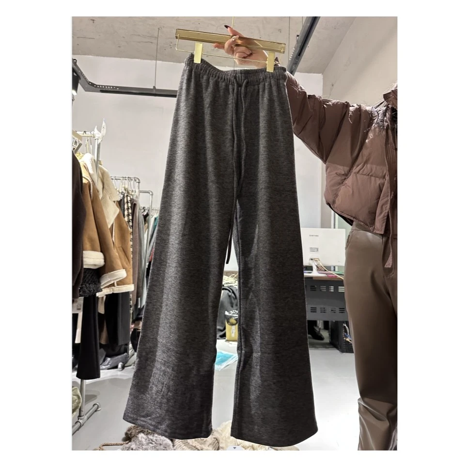 软糯米阔腿裤女秋高腰抽绳宽松百搭显瘦垂感针织直筒休闲裤-23020