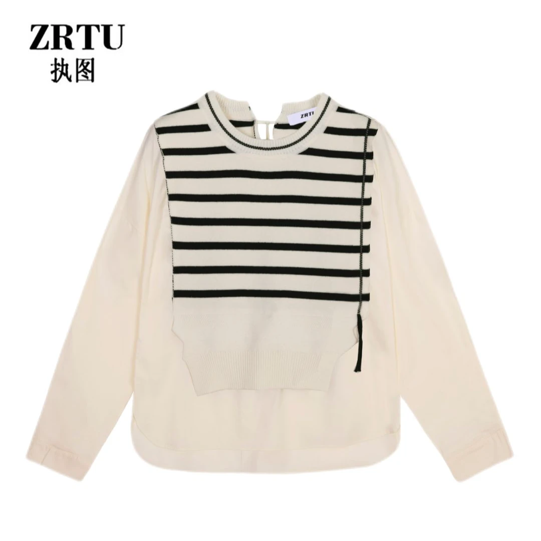 ZRTU/执图新款针织衫条纹拼接时尚百搭设计感假两件上衣ZR9998