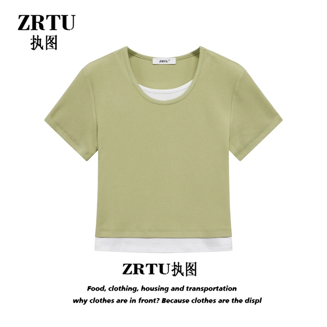 ZRTU/执图夏季圆领设计感显瘦假两件t恤
