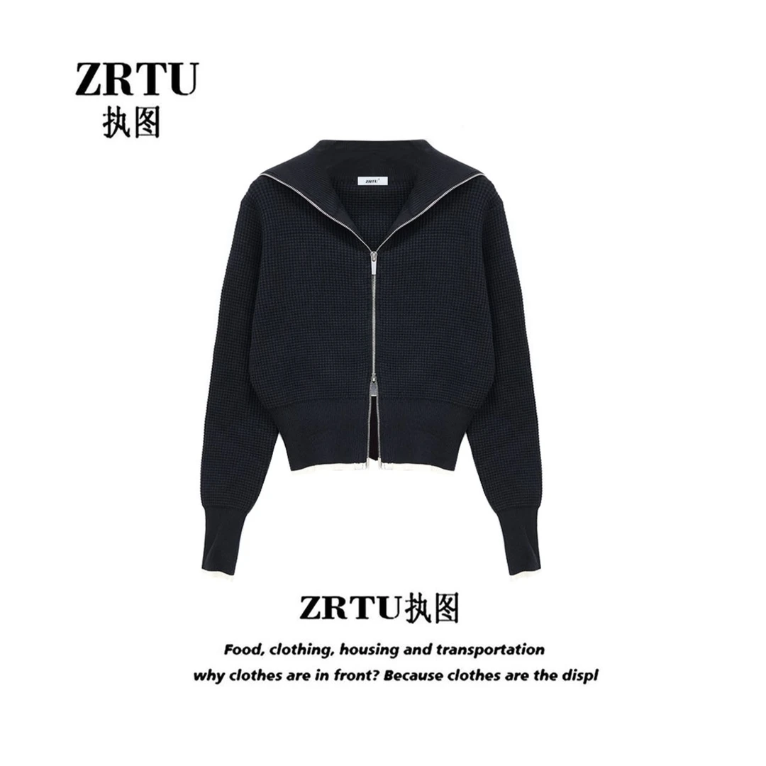 ZRTU/执图春季长袖针织衫时尚百搭设计感双拉链休闲上衣长袖开衫