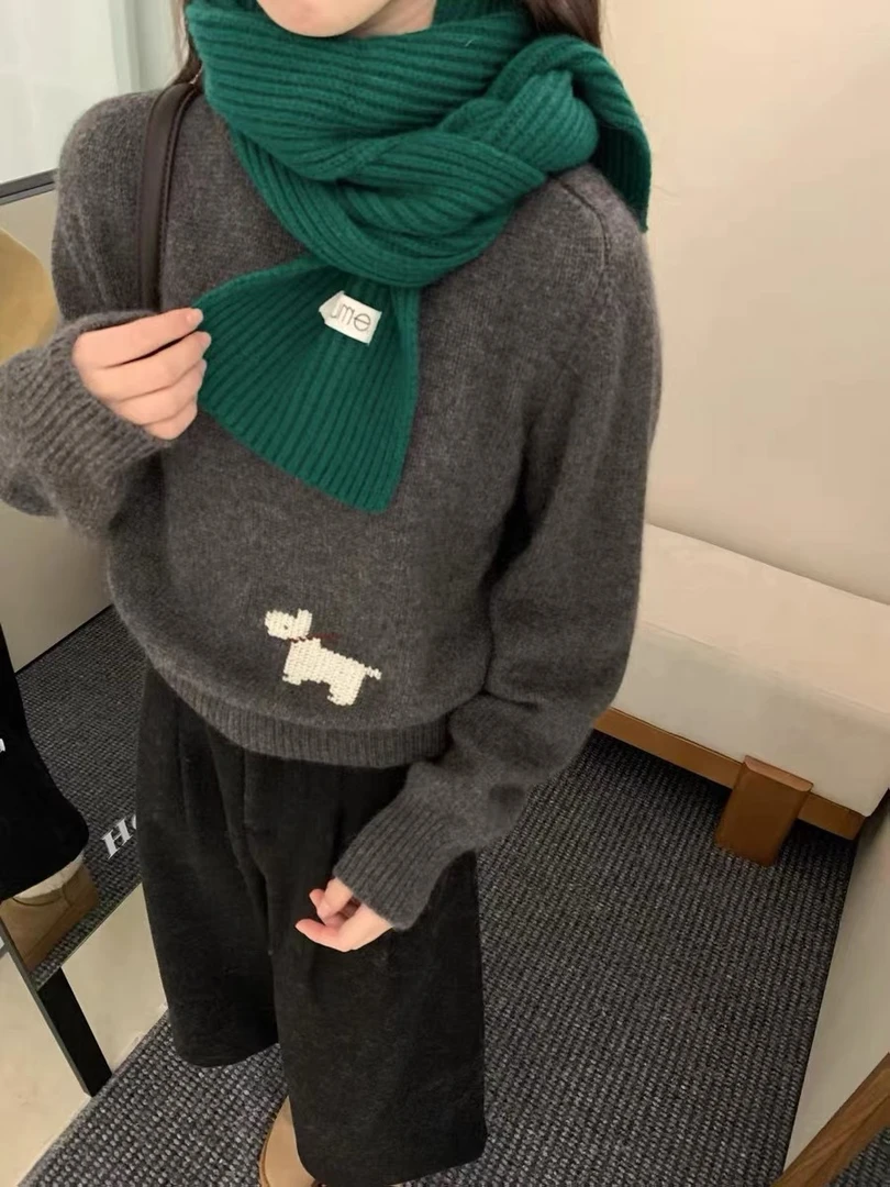 「可爱小白」小白狗刺绣~极简纯色厚实时尚内搭针织衫宽松套头毛衣