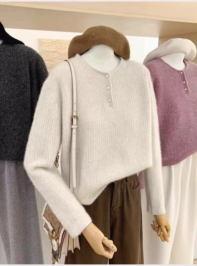 「珍珠之恋」温柔风~珍珠扣长袖宽松显瘦圆领针织毛衣女上衣