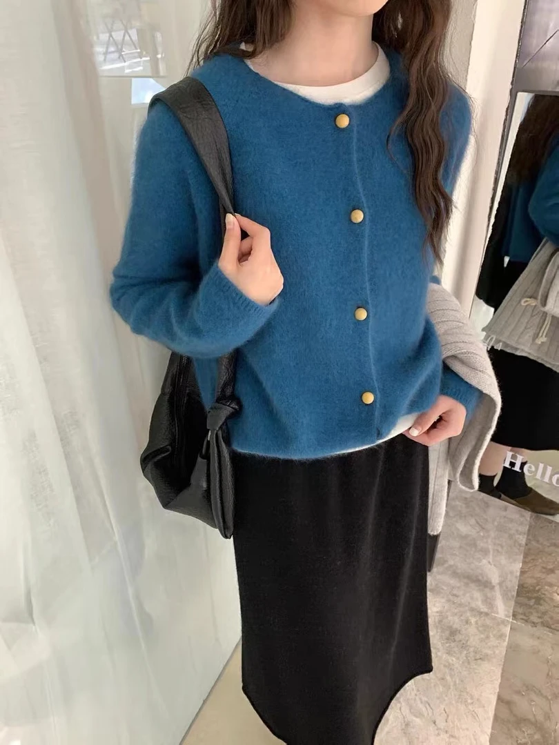 「湖水蓝开衫」湖水蓝~小馒头木制纽扣软糯时尚针织开衫女上衣