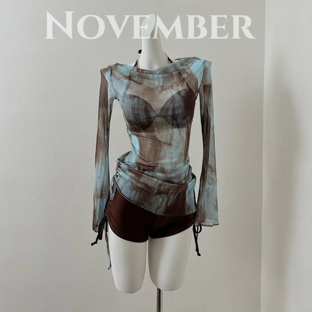 【半岛茶】泳衣分体罩衫三件套比基尼平角裤小胸钢托聚拢纯欲泳装