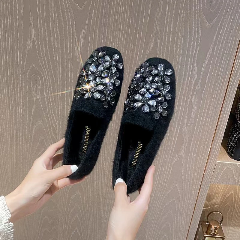 A8-1毛毛鞋女2023新款秋冬季外穿百搭平底单鞋加绒乐福鞋豆豆鞋女