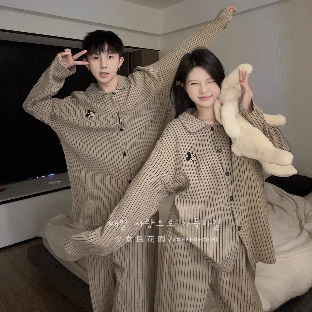 美拉德可爱卡通米奇韩版睡衣女春秋季条纹纯棉长袖韩系宽松家居服