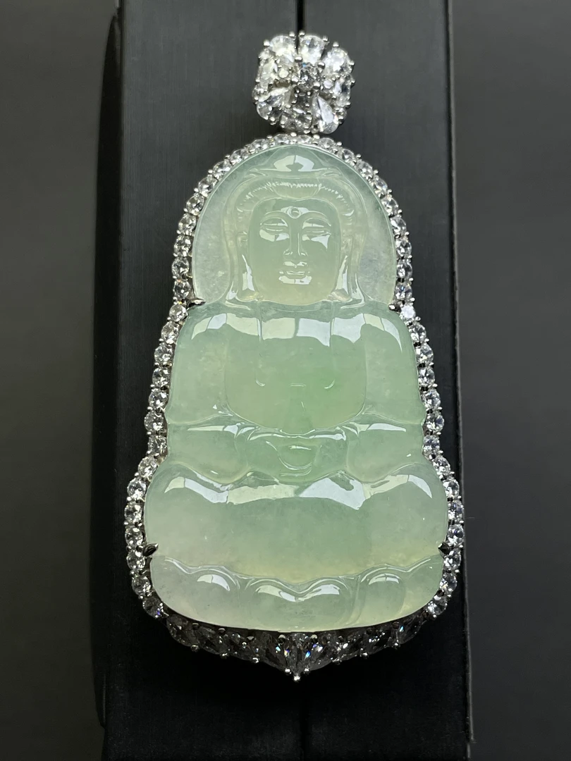 缅甸天然A货翡翠镶嵌银s925 观音吊坠精雕大气