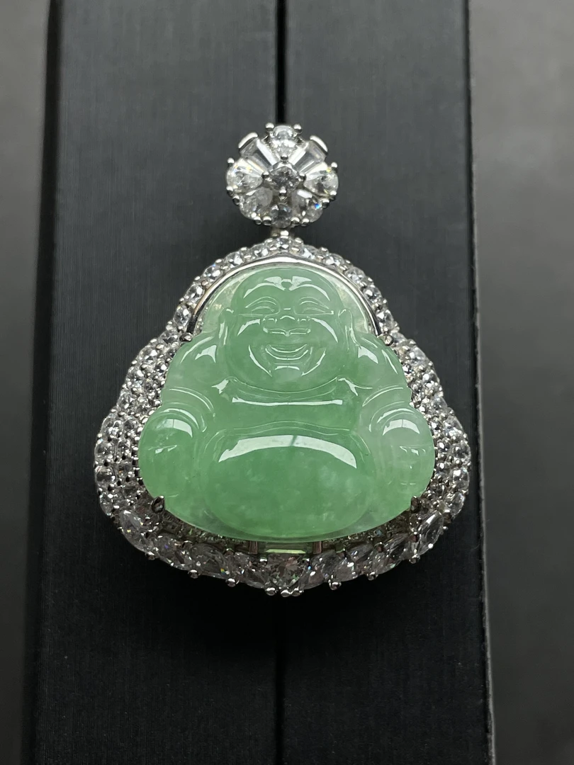 缅甸天然A货翡翠镶嵌银s925 绿佛公吊坠