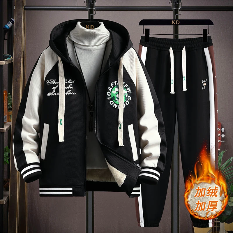 加绒加厚青少年男孩秋冬连帽棒球服外套潮流宽松休闲男士套装帅气