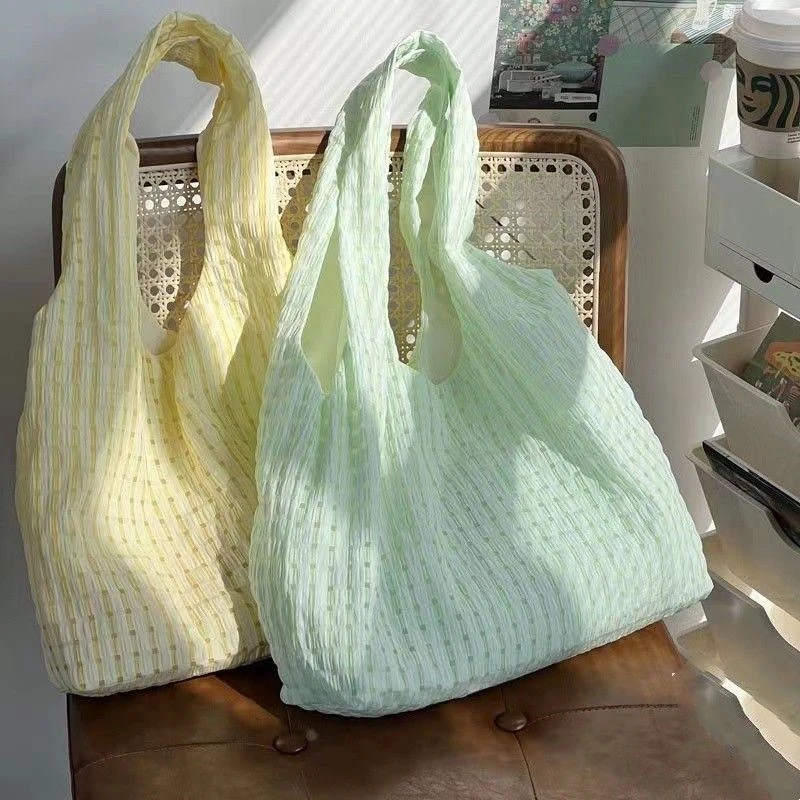 背心包包袋韩版清爽黄绿色格纹编织手提单肩包学生上课布袋女新款