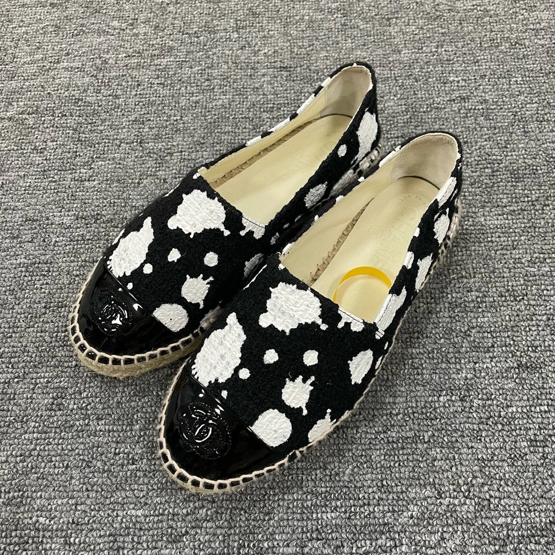 95新 Chanel/香奈儿 拼接布面粗花呢渔夫鞋 35码/2847